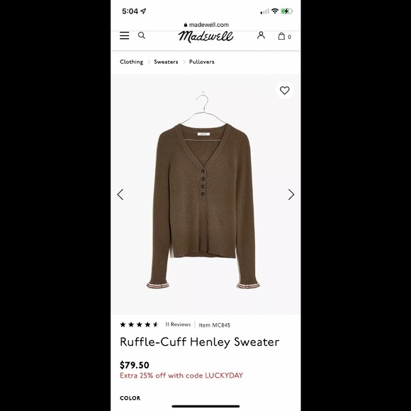 NWT Madewell Ruffle-Cuff Henley Sweater in Dark Green - Picture 2 of 7